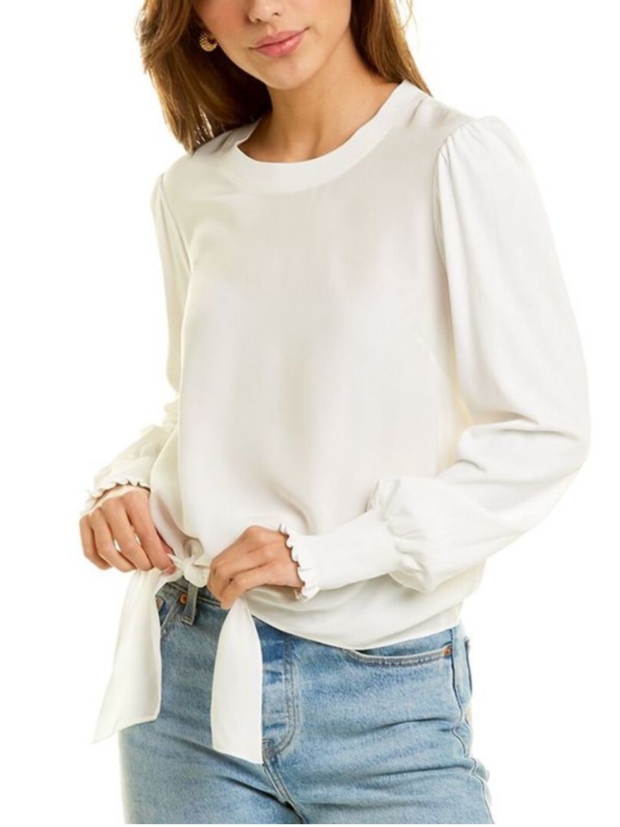 Cinq A Sept Kerlina Silk Tie Front Blouse Ivory Long Sleeve Puff Sleeve Top Xs